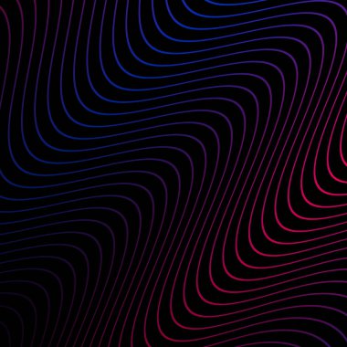 Çizgilerle soyut arkaplan. Dalgalı vektör pankartı. Poster, kart, broşür, broşür, broşür için arka plan. Siyah üzerine izole edilmiş tasarım için geometrik öge. Pembe, mavi ve siyah gradyan