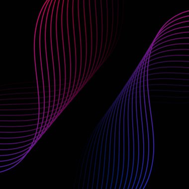 Çizgilerle soyut arkaplan. Dalgalı vektör pankartı. Poster, kart, broşür, broşür, broşür için arka plan. Siyah üzerine izole edilmiş tasarım için geometrik öge. Pembe, mavi ve siyah gradyan