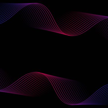 Çizgilerle soyut arkaplan. Dalgalı vektör pankartı. Poster, kart, broşür, broşür, broşür için arka plan. Siyah üzerine izole edilmiş tasarım için geometrik öge. Pembe, mavi ve siyah gradyan