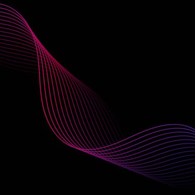 Çizgilerle soyut arkaplan. Dalgalı vektör pankartı. Poster, kart, broşür, broşür, broşür için arka plan. Siyah üzerine izole edilmiş tasarım için geometrik öge. Pembe, mavi ve siyah gradyan