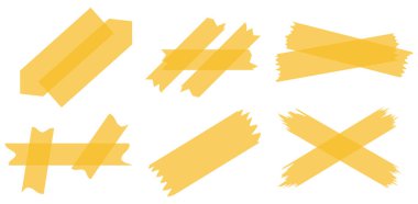 Beyaza izole edilmiş yarı şeffaf sarı washi bantları. Kaset toplama vektörü. Albümler için dekoratif kaset parçaları. Yırtık kağıt