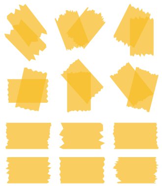 Beyaza izole edilmiş yarı şeffaf sarı washi bantları. Kaset toplama vektörü. Albümler için dekoratif kaset parçaları. Yırtık kağıt