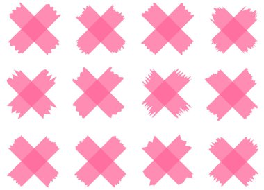 Beyaza izole edilmiş yarı şeffaf pembe washi bantları. Kaset toplama vektörü. Albümler için dekoratif kaset parçaları. Yırtık kağıt. Aşk, Sevgililer Günü