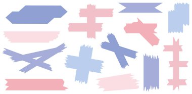 Beyaza izole edilmiş renkli washi bantları. Kaset toplama vektörü. Albümler için dekoratif kaset parçaları. Yırtık kağıt. Mavi ve pembe