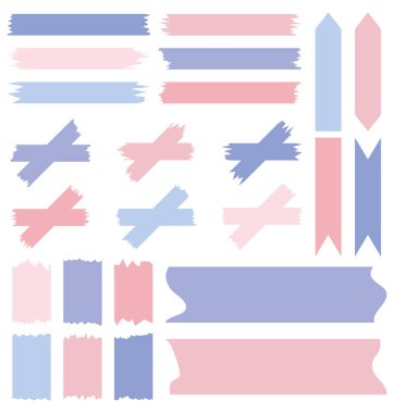 Beyaza izole edilmiş renkli washi bantları. Kaset toplama vektörü. Albümler için dekoratif kaset parçaları. Yırtık kağıt. Mavi ve pembe