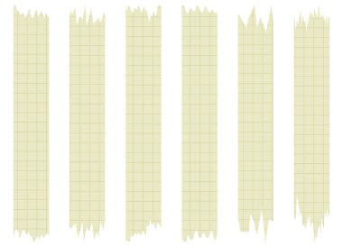 Beyaza izole edilmiş sarı kağıt çarşaflar. Albümler için dekoratif kaset parçaları. Kaset toplama vektörü. Yırtılmış kağıt. Hücredeki bir defterden yırtılmış kağıt parçası. Renkli kurdeleler