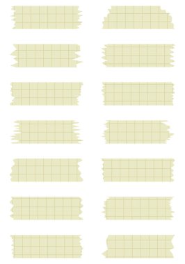 Beyaza izole edilmiş sarı kağıt çarşaflar. Albümler için dekoratif kaset parçaları. Kaset toplama vektörü. Yırtılmış kağıt. Hücredeki bir defterden yırtılmış kağıt parçası. Renkli kurdeleler
