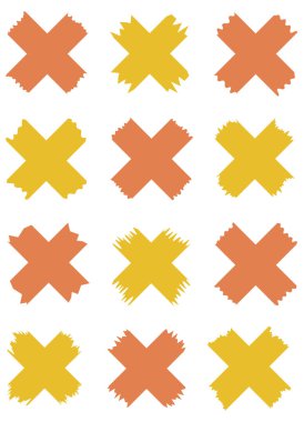 Beyaza izole edilmiş renkli washi bantları. Kaset toplama vektörü. Albümler için dekoratif kaset parçaları. Yırtık kağıt. Sarı ve turuncu