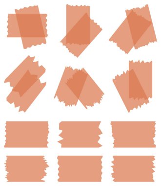 Beyaza izole edilmiş turuncu yarı şeffaf washi bantları. Kaset toplama vektörü. Albümler için dekoratif kaset parçaları. Yırtık kağıt