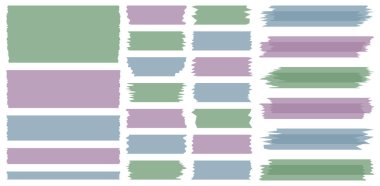 Beyaza izole edilmiş renkli yarı şeffaf washi kasetleri. Kaset toplama vektörü. Albümler için dekoratif kaset parçaları. Yırtık kağıt. Yeşil, mor, mavi