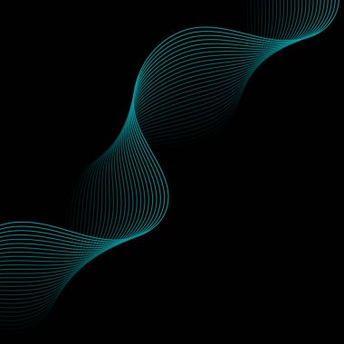 Çizgilerle soyut arkaplan. Dalgalı vektör pankartı. Poster, kart, broşür, broşür, broşür için arka plan. Siyah üzerine izole edilmiş tasarım için geometrik öge. Mavi ve siyah gradyan