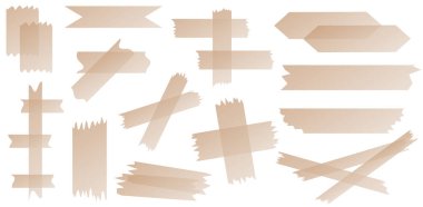 Beyaza izole edilmiş yarı şeffaf washi bantları. Washi kaset koleksiyonu vektör olarak. Albümler için dekoratif kaset parçaları. Yırtık kağıt. Gradyan