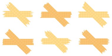 Beyaza izole edilmiş kağıt çarşaflar. Albümler için dekoratif kaset parçaları. Washi kaset koleksiyonu vektör olarak. Yırtılmış kağıt. Hücredeki bir defterden yırtılmış kağıt parçası. Sarı kurdeleler