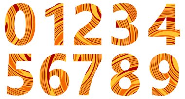 Beyaza izole edilmiş dalgalı desenli renkli sayılar kümesi. Sayılı alfabe. Tasarım için vektör grafik elementler. Çizgilerle soyut desen. Kırmızı, turuncu, sarı