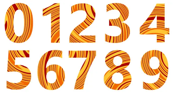 Beyaza izole edilmiş dalgalı desenli renkli sayılar kümesi. Sayılı alfabe. Tasarım için vektör grafik elementler. Çizgilerle soyut desen. Kırmızı, turuncu, sarı