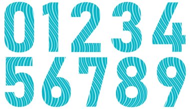 Beyaz üzerine izole edilmiş mavi sayılar kümesi. Sayılı alfabe. Tasarım için vektör grafik elementler. Çizgilerle soyut desen. Turkuaz rengi