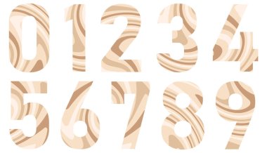 Beyaza izole edilmiş dalgalı desenli renkli sayılar kümesi. Sayılı alfabe. Tasarım için vektör grafik elementler. Çizgilerle soyut desen. Kahverengi, bej rengi. Kahve, kafe, tatlı.