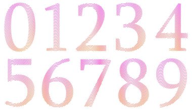 Beyaza izole edilmiş renkli dalgalı sayılar kümesi. Sayılı alfabe. Tasarım için vektör grafik elementler. Çizgilerle soyut desen. Pembe ve turuncu gradyan