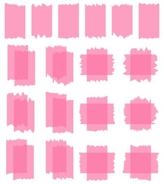 Beyaza izole edilmiş yarı şeffaf pembe washi bantları. Kaset toplama vektörü. Albümler için dekoratif kaset parçaları. Yırtık kağıt. Aşk, Sevgililer Günü