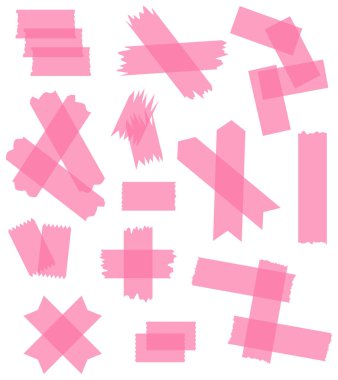Beyaza izole edilmiş yarı şeffaf pembe washi bantları. Kaset toplama vektörü. Albümler için dekoratif kaset parçaları. Yırtık kağıt. Aşk, Sevgililer Günü