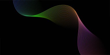 Çizgiler ve dalgalarla soyut bir arkaplan. Orta boy pankart. Tasarım elementi siyahta izole edildi. Broşür, broşür, broşür, broşür, poster için vektör arkaplan. Renkli ve siyah eğimli