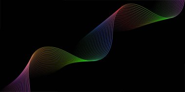 Çizgiler ve dalgalarla soyut bir arkaplan. Orta boy pankart. Tasarım elementi siyahta izole edildi. Broşür, broşür, broşür, broşür, poster için vektör arkaplan. Renkli ve siyah eğimli