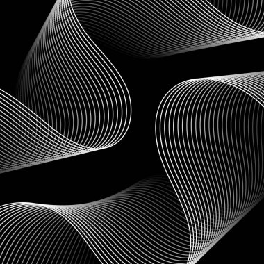 Çizgiler ve dalgalarla soyut bir arkaplan. Pankart. Tasarım elementi siyahta izole edildi. Broşür, broşür, broşür, broşür, poster için vektör arkaplan. Beyaz ve siyah gradyan