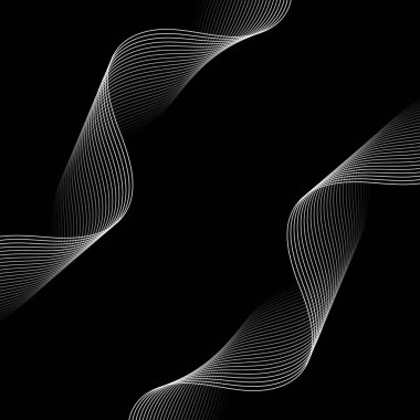 Çizgiler ve dalgalarla soyut bir arkaplan. Pankart. Tasarım elementi siyahta izole edildi. Broşür, broşür, broşür, broşür, poster için vektör arkaplan. Beyaz ve siyah gradyan