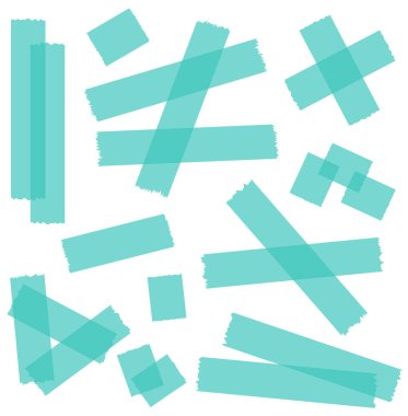 Beyaza izole edilmiş yarı şeffaf washi kasetleri. Kaset toplama vektörü. Albümler için dekoratif kaset parçaları. Yırtık kağıt. Turkuaz