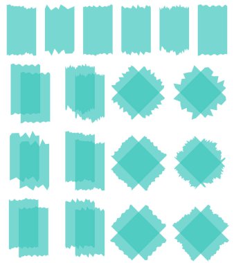 Beyaza izole edilmiş yarı şeffaf washi kasetleri. Kaset toplama vektörü. Albümler için dekoratif kaset parçaları. Yırtık kağıt. Turkuaz