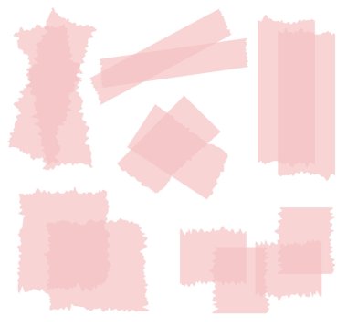 Beyaza izole edilmiş yarı şeffaf washi bantları. Kaset toplama vektörü. Albümler için dekoratif kaset parçaları. Yırtık kağıt. Kırmızı, pembe