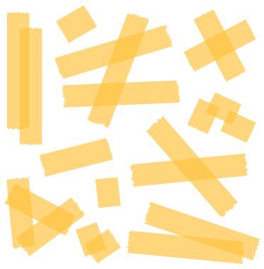 Beyaza izole edilmiş yarı şeffaf sarı washi bantları. Kaset toplama vektörü. Albümler için dekoratif kaset parçaları. Yırtık kağıt. Portakal, güneş, mutluluk 