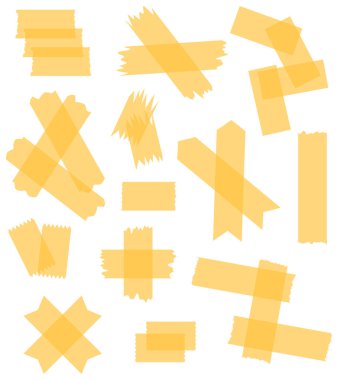 Beyaza izole edilmiş yarı şeffaf sarı washi bantları. Kaset toplama vektörü. Albümler için dekoratif kaset parçaları. Yırtık kağıt. Portakal, güneş, mutluluk 