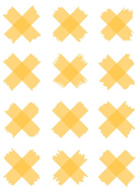 Beyaza izole edilmiş yarı şeffaf sarı washi bantları. Kaset toplama vektörü. Albümler için dekoratif kaset parçaları. Yırtık kağıt. Portakal, güneş, mutluluk 