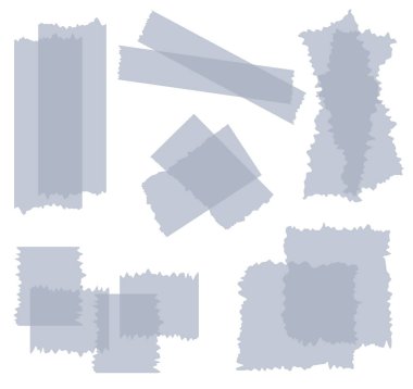 Beyaza izole edilmiş yarı şeffaf washi kasetleri. Kaset toplama vektörü. Albümler için dekoratif kaset parçaları. Yırtık kağıt. Gri, mavi