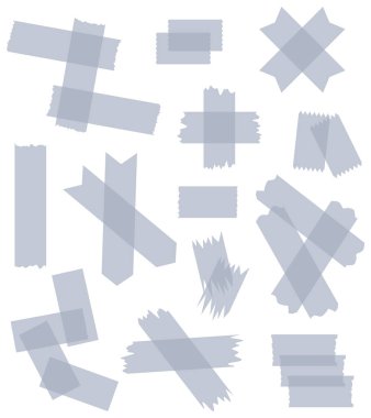 Beyaza izole edilmiş yarı şeffaf washi kasetleri. Kaset toplama vektörü. Albümler için dekoratif kaset parçaları. Yırtık kağıt. Gri, mavi