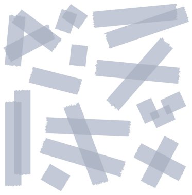 Beyaza izole edilmiş yarı şeffaf washi kasetleri. Kaset toplama vektörü. Albümler için dekoratif kaset parçaları. Yırtık kağıt. Gri, mavi