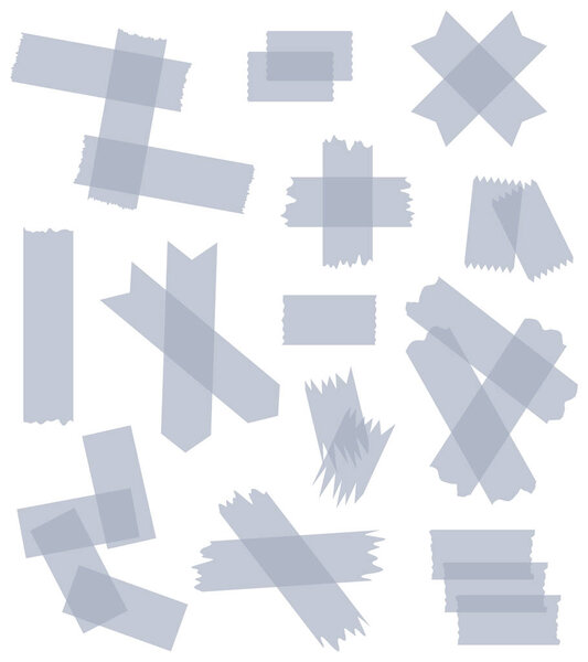 Набор серых полупрозрачных лент, изолированных на белом. Коллекция лент в векторе. Кусочки декоративной ленты для альбомов. Порванная бумага. Серый, синий