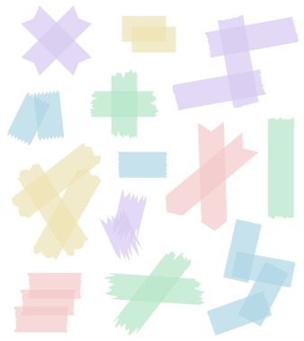 Beyaza izole edilmiş renkli yarı şeffaf washi kasetleri. Kaset toplama vektörü. Albümler için dekoratif kaset parçaları. Yırtık kağıt. Kırmızı, mavi, yeşil, sarı, mor 