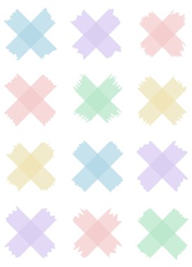 Beyaza izole edilmiş renkli yarı şeffaf washi kasetleri. Kaset toplama vektörü. Albümler için dekoratif kaset parçaları. Yırtık kağıt. Kırmızı, mavi, yeşil, sarı, mor 