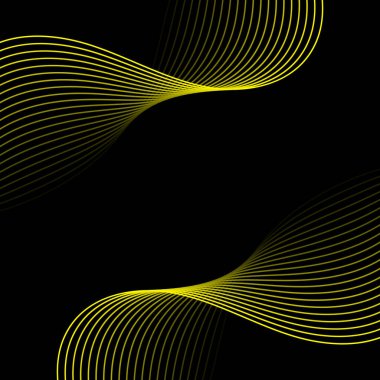 Çizgiler ve dalgalarla soyut bir arkaplan. Pankart. Tasarım elementi siyahta izole edildi. Broşür, broşür, broşür, broşür, poster için vektör arkaplan. Sarı ve siyah eğim