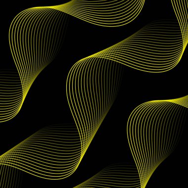 Çizgiler ve dalgalarla soyut bir arkaplan. Pankart. Tasarım elementi siyahta izole edildi. Broşür, broşür, broşür, broşür, poster için vektör arkaplan. Sarı ve siyah eğim