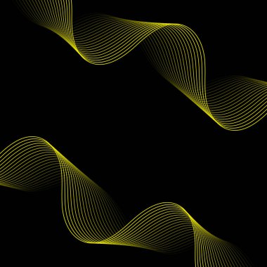 Çizgiler ve dalgalarla soyut bir arkaplan. Pankart. Tasarım elementi siyahta izole edildi. Broşür, broşür, broşür, broşür, poster için vektör arkaplan. Sarı ve siyah eğim