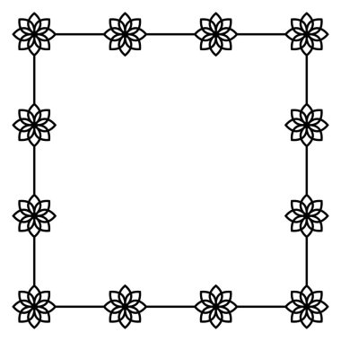 Beyaz üzerine izole edilmiş çiçekli siyah çerçeve. Vektör kare çerçeve. Mesaj, sertifika, resim, fotoğraf, diploma için çerçeve. Tasarım elementi