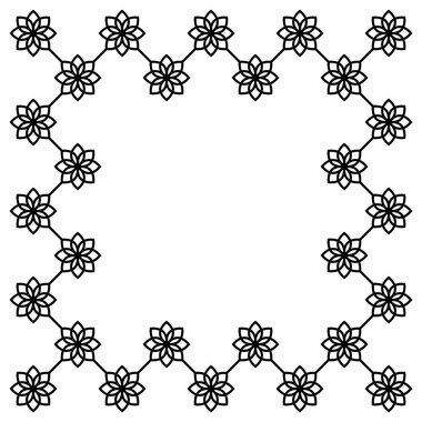 Beyaz üzerine izole edilmiş çiçekli siyah çerçeve. Vektör kare çerçeve. Mesaj, sertifika, resim, fotoğraf, diploma için çerçeve. Tasarım elementi