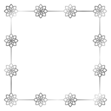 Beyaz üzerine izole edilmiş çiçekli gümüş metal çerçeve. Vektör kare çerçeve. Mesaj, sertifika, fotoğraf, kartpostal çerçevesi. Tasarım elementi. Altın, lüks