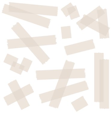 Beyaza izole edilmiş yarı şeffaf washi bantları. Kaset toplama vektörü. Albümler için dekoratif kaset parçaları. Yırtık kağıt