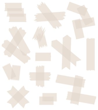 Beyaza izole edilmiş yarı şeffaf washi bantları. Kaset toplama vektörü. Albümler için dekoratif kaset parçaları. Yırtık kağıt