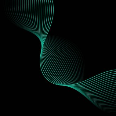 Çizgiler ve dalgalarla soyut bir arkaplan. Pankart. Tasarım elementi siyahta izole edildi. Broşür, broşür, broşür, broşür, poster için vektör arkaplan. Mavi ve siyah eğim. Turkuaz, karanlık, gece