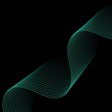 Çizgiler ve dalgalarla soyut bir arkaplan. Pankart. Tasarım elementi siyahta izole edildi. Broşür, broşür, broşür, broşür, poster için vektör arkaplan. Mavi ve siyah eğim. Turkuaz, karanlık, gece